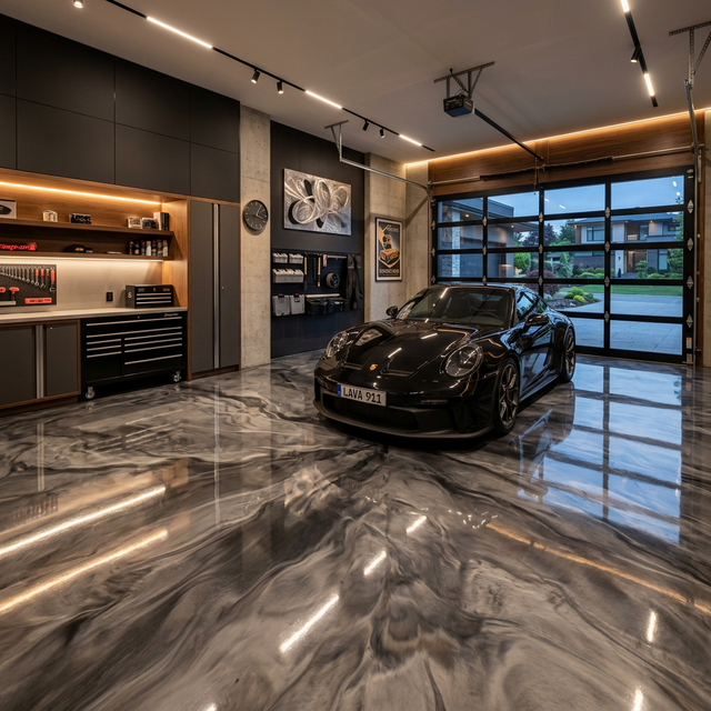 Luxury car on metallic copper epoxy showroom floor