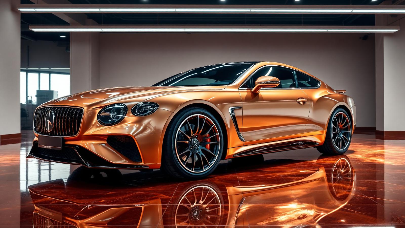 Luxury car on metallic copper epoxy showroom floor